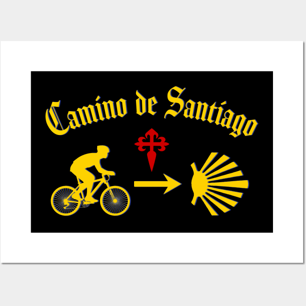 Camino de Santiago Typography Man Riding a  Bicycle Yellow Arrow Scallop Shell Red Cross Wall Art by Brasilia Catholic